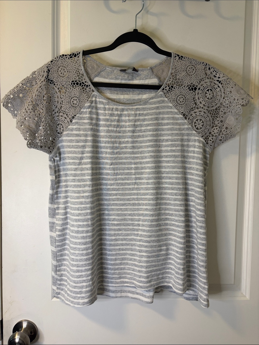 Denver Hayes Gray & White Striped Tee with Crochet Lace Sleeves